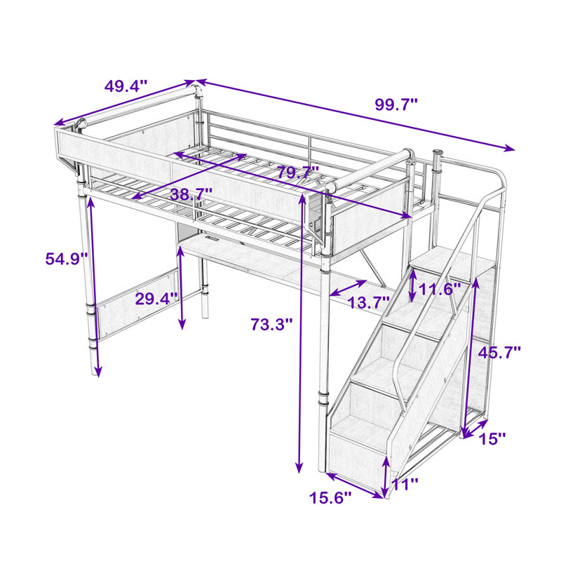 Lit mezzanine avec bureau intégré, prise de courant, éclairage DEL et garde-robe ouverte, Lit jumeau extra long, Blanc