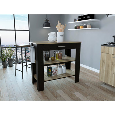Îlot de cuisine 40, deux tablettes, un tiroir, quatre pieds - chêne noir / clair