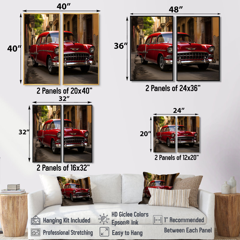 «Havana Red Car - Cuba Landscape», ensemble de 2 grandes impressions sur toile, H 40 po x l 40 po, Toile tendue