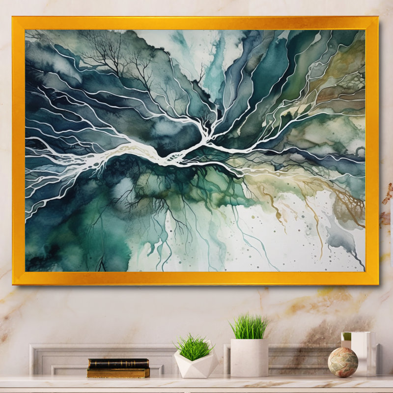 «Green Blue Marbré Dreamscape II», art mural géométrique abstrait, H 30 po x l 40 po x P 1,5 po, Cadre flottant doré