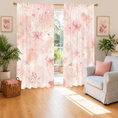 2Pcs Cute Bow Heart Print Curtains, Light Filtering Fabric, Romantic and Whimsical Pattern, Privacy Protection, Rod Pocket Design, for Teen Room, Bedroom, Nursery Home Decor