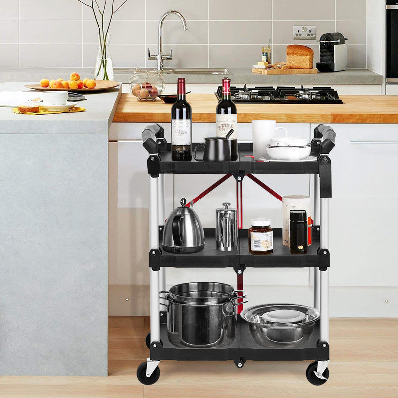 Collapsible Utility Cart, 3-Tier Foldable Service Cart with 360° Swivel Wheels, Red