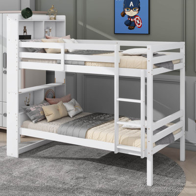 Rubber Wood Twin Over Twin Bunk Bed With Bookcase Shelves Headboard Flexible Bunk Setup