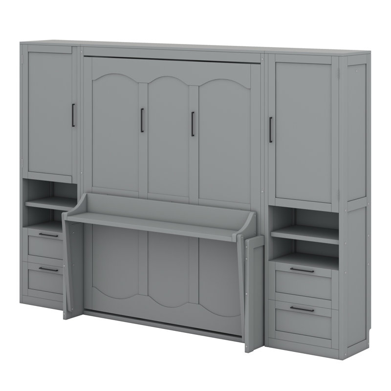 Lit escamotable mural multifonctionnel pliable avec placard, tiroirs et tablettes, Gris