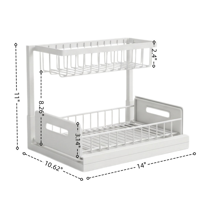 Under Sink Organizer, Pull-Out Cabinet Drawer, Metal Sliding Basket, Kitchen Sink Storage Rack, White, White