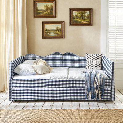 Full‑Size Daybed,Gingham Upholstered Daybed Equipped with Pull-Out Trundle Bed Frame  Side Storage Pocket, Solid Wood Frame Multi-Functional Sofa Bed