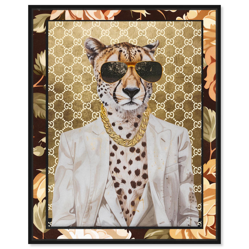 Art mural classique sur toile avec guépard, Cadre flottant noir, H 21 po x l 17 po