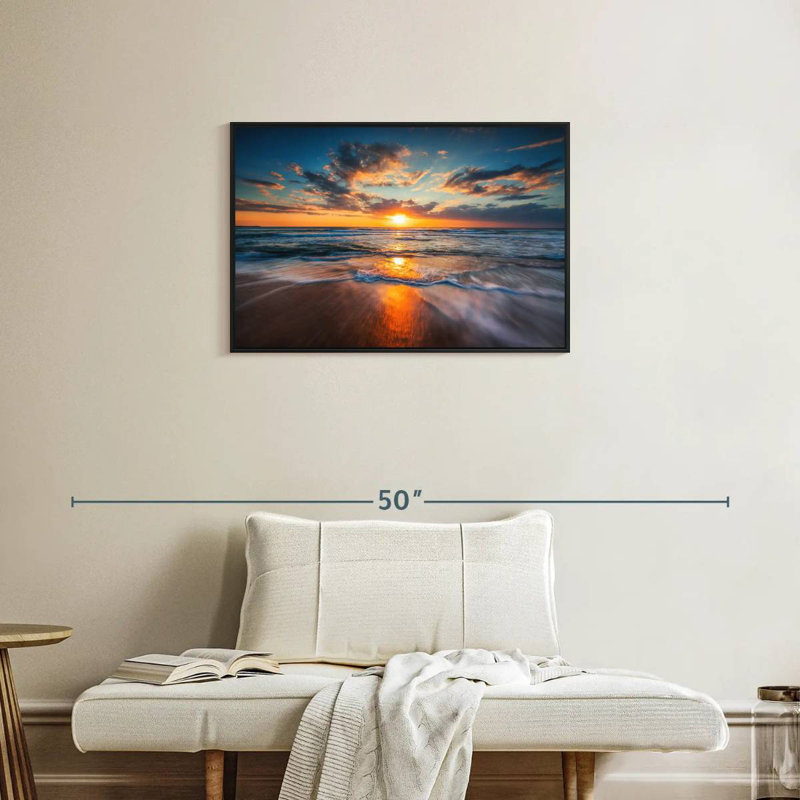 Été, océan, lever de soleil, Cadre flottant noir, 31 po x 21 po