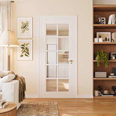 24" x 80" 10-Lite Interior French Door Slab, Clear Glass Solid Core Pantry Door, Primed White Manufactured Wood, Ready to Paint (No Frame/Hardware)