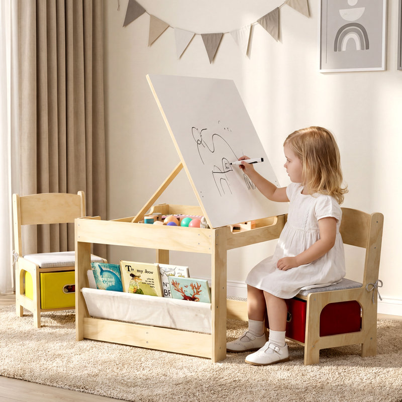 Table et chaises pour enfants, ensemble de table et chaises pour enfants en bois, table pour enfants avec tableau noir amovible, table pour tout-petits et chaises avec tiroir de rangement, table d'activités pour enfants pour la garderie, salle de classe,