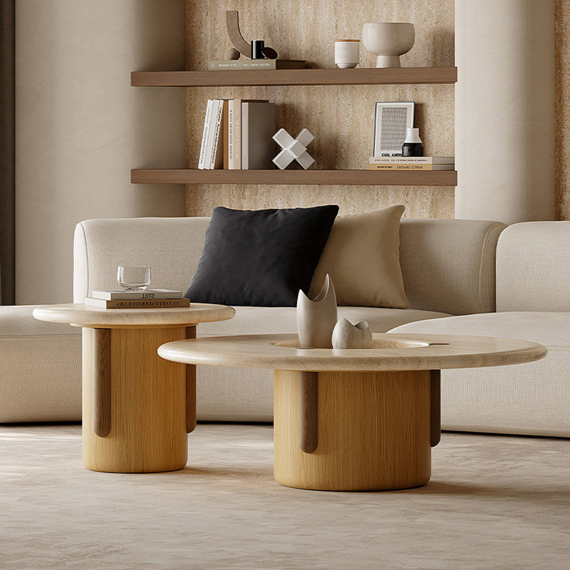 Compact Marble Coffee Table with Wood Legs