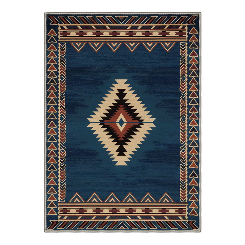 Abrahamson Vega Geometric Machine Washable Blue / Brown Indoor Area Rug with Non-Slip Backing, Round 5'