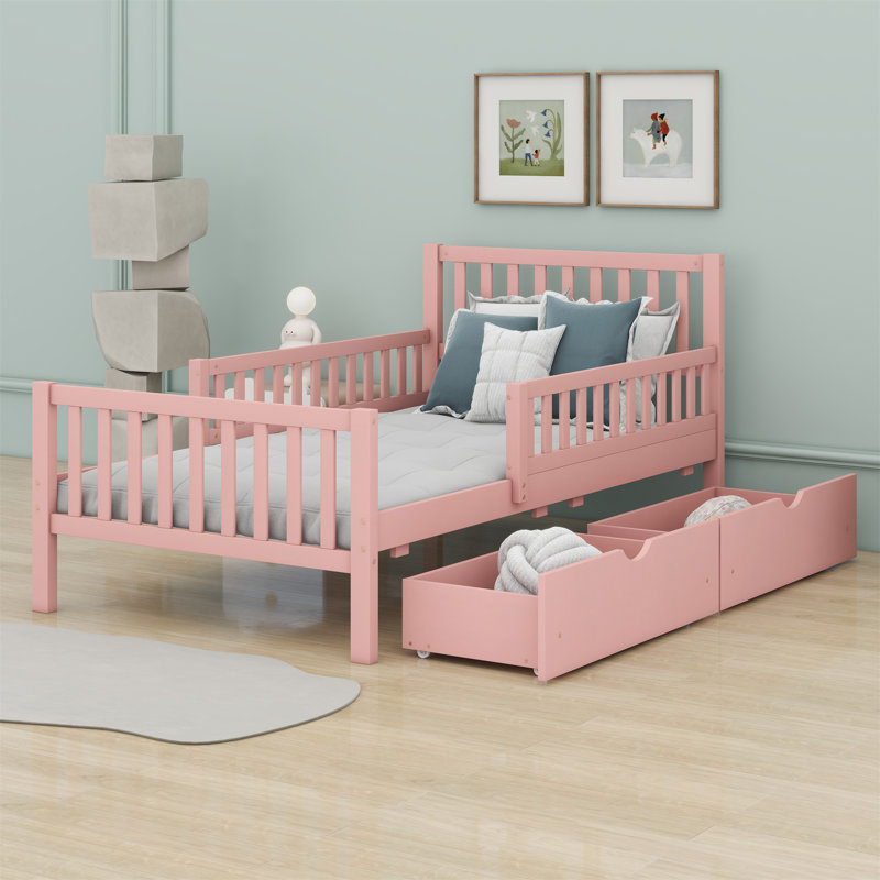 Wood Platform Bed With Guardrails On Both Sides And Drawers, Pink, Twin