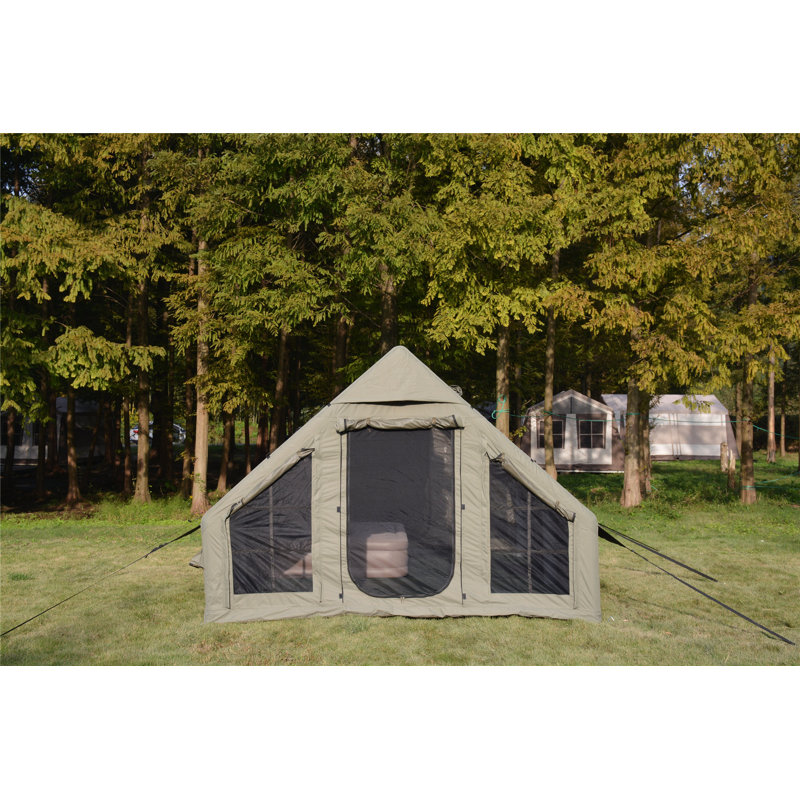 9.8 x13ft Inflatable Camping Tents with Hand Pump, Easy Setup Waterproof and Windproof, 4 Seasons Oxford Cabin Tent with Mesh & Chimney Window, Beige
