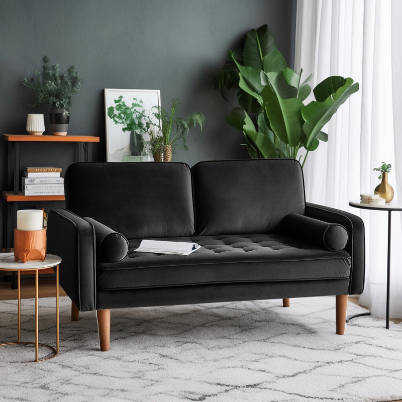Sweeny 58'' Velvet Square Arm Loveseat, Black Velvet