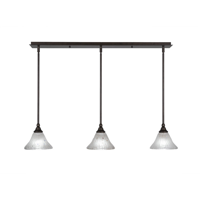 3 Light Stem Hung Linear Pendalier Shown With 7" Teal Crystal Glass, 6.25" H x 39.25" W x 7" D, Clear, Dark Granite