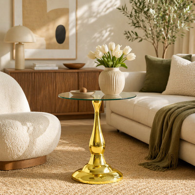 Petite table d'appoint en métal, table d'appoint ronde en métal moderne avec plateau en verre mesurant environ 19,6 pouces de diamètre. Idéal pour une utilisation à côté d'un lit ou d'un canapé, dans les salons, les chambres à coucher, les patios, etc.