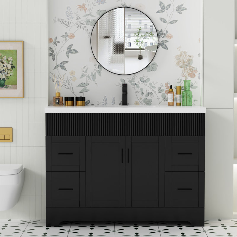 Breonica 48" Freestanding Single Sink Bathroom Vanity With Resin Top, Faucet And Drain, Hand Painted, EPA Certified, Black