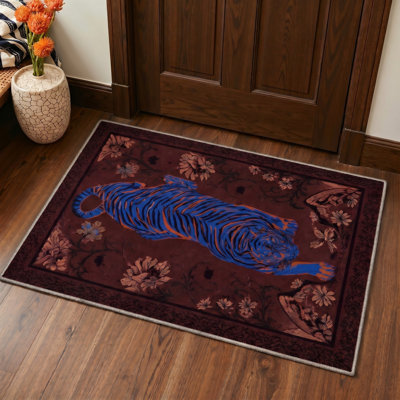 Tapis de porte antidérapant à poils courts, lavable, brun et bleu, imprimé animal.
