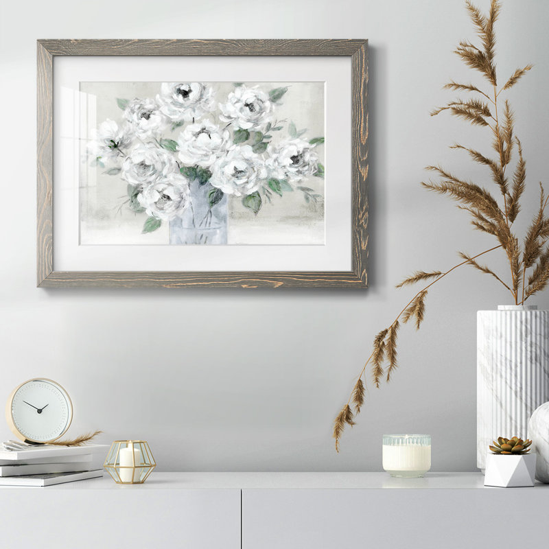Roses blanches tendres - impression d'un seul cadre, H 14 po x l 20 po x P 1,5 po, Gris