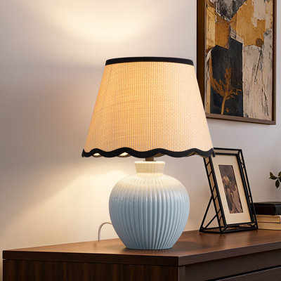 12.9" Blue Ceramic Table Lamp with Adjustable Rattan Scallop Shade, Bulb Included