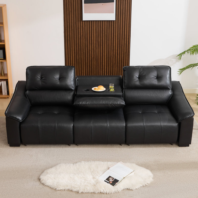 105” W Faux Leather Power Motion Sofa With Extending Seats, Convertible Table & Usb Charging, Black