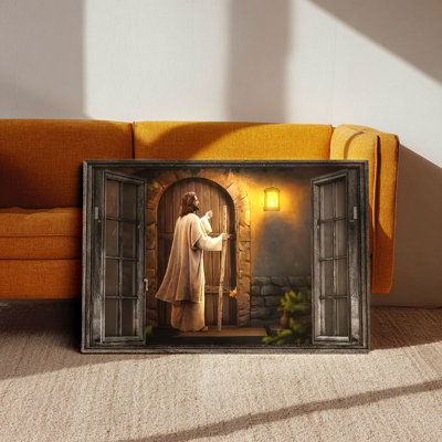 Jesus Knocking on Door Canvas Wall Art (Spiritual Invitation Tone) Stretched Frame for Faith Nook