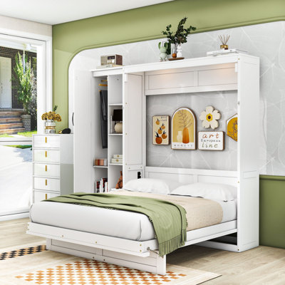 Full Murphy Bed Wall Bed with Shelves, Wardrobe and LED Lights