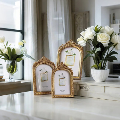 Arched Resin Picture Frame, Vintage Gold Embossed Tabletop & Wall Frame for Home Decor