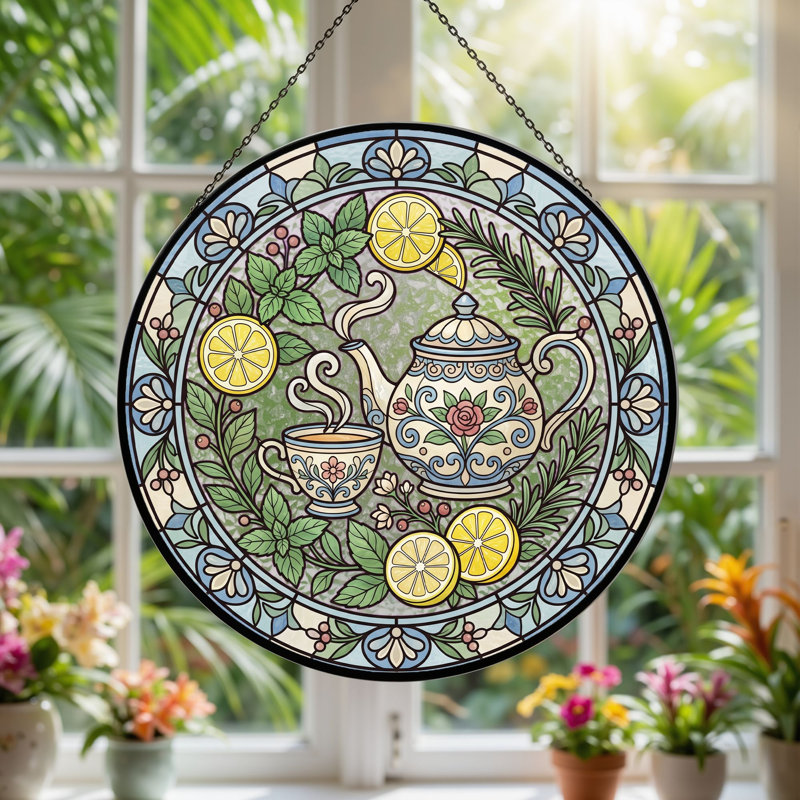 Tea Time Stained Glass Window Panel,12"H, H 12 po