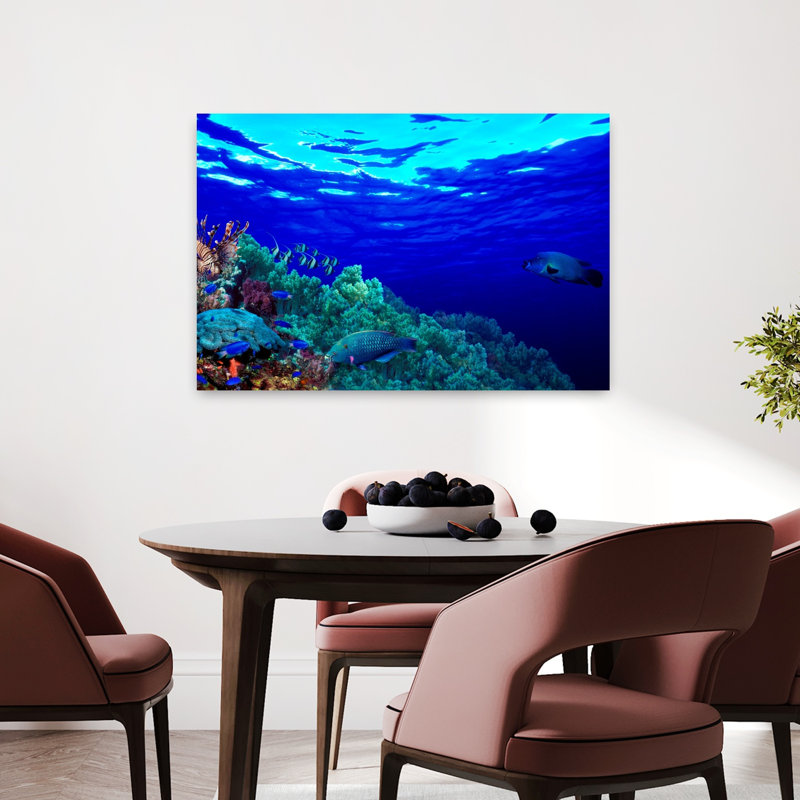 Underwater View Of Longfin Bannerfish Heniochus Acuminatus With Red Firefish Nemateleotris Magnifica And Soft Corals Abstract Contemporary Palm Tre...