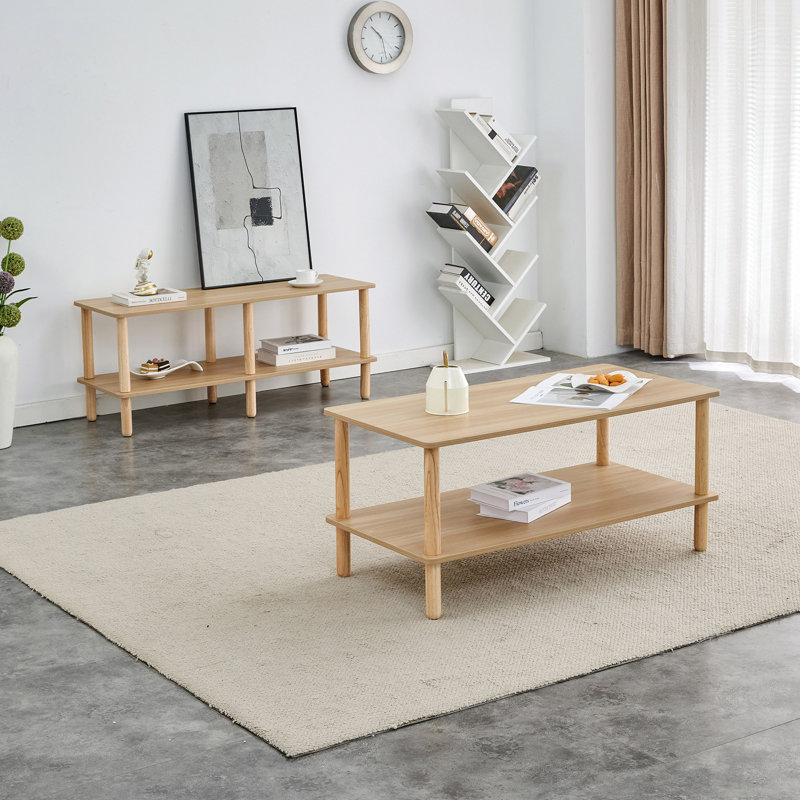 Modern 2-Tier TV Stand For Living Room Furniture,Rectangular Centre Table With Open Storage Shelf,Rounded Rubberwood Legs,Stable And Durable,Easy Assembly