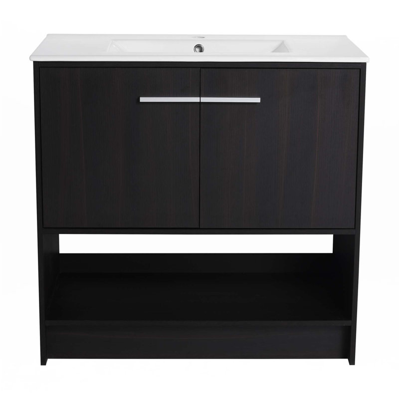 Bathroom Vanity With Ceramic Sink, Dark Oak, Silver