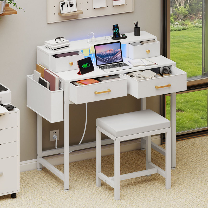 Ensemble de bureau d'écriture 31,5 "avec base en métal avec tabouret, lumières DEL et station de charge