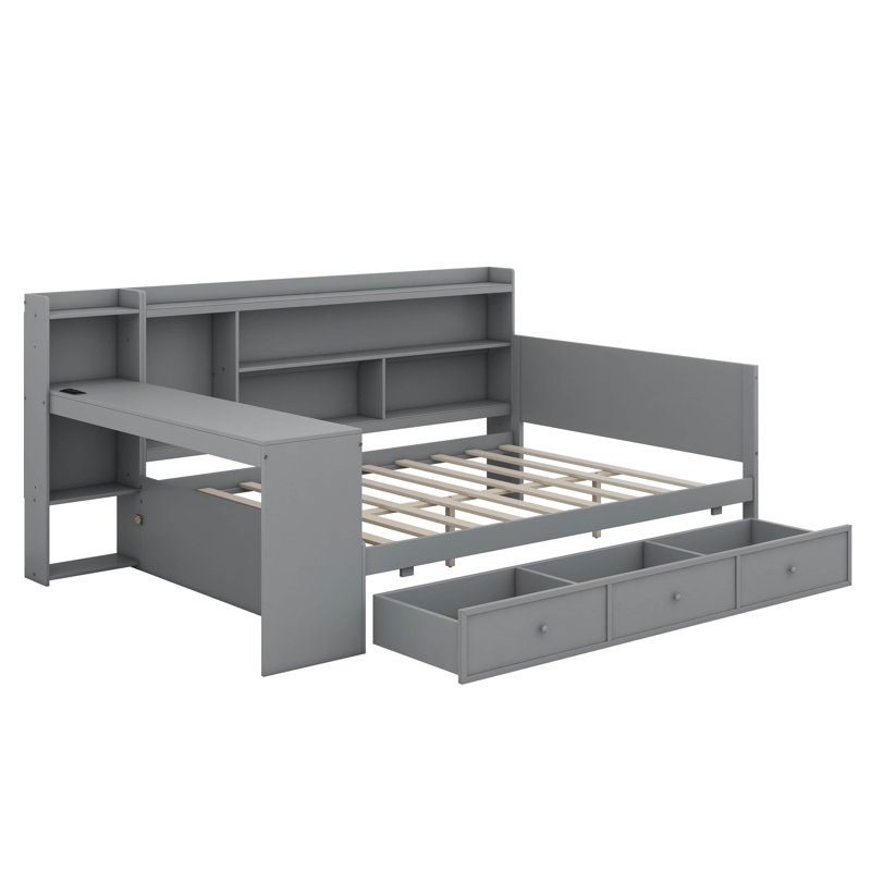 Full Size Daybed With Storage Shelves, Headboard And Desk, Wooden Platform Bed With 3 Drawers And USB Ports, Gray