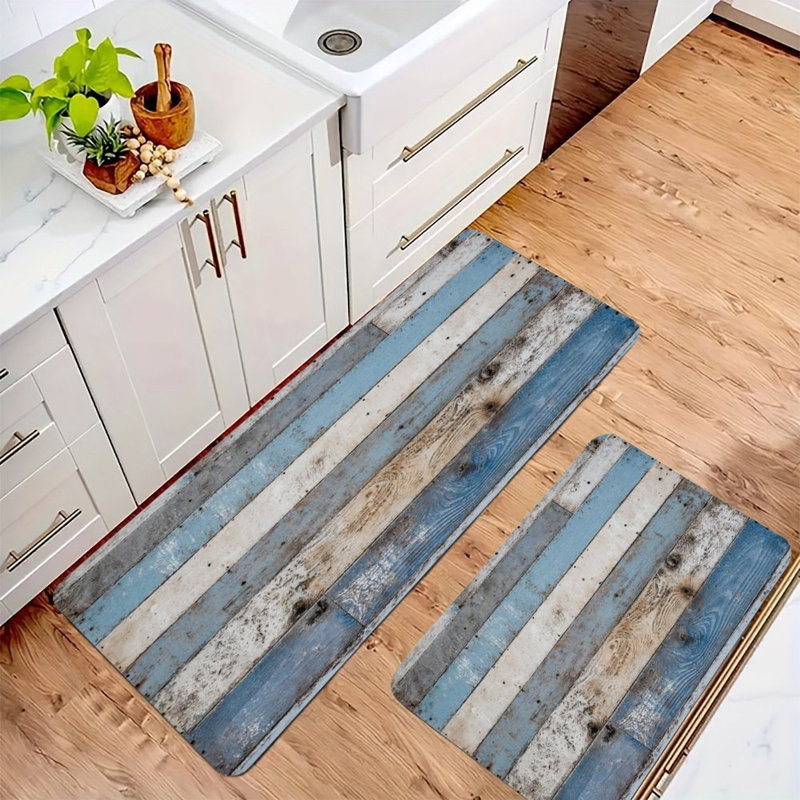 Planches de bois bleu patiné, 2 tapis de cuisine antidérapants