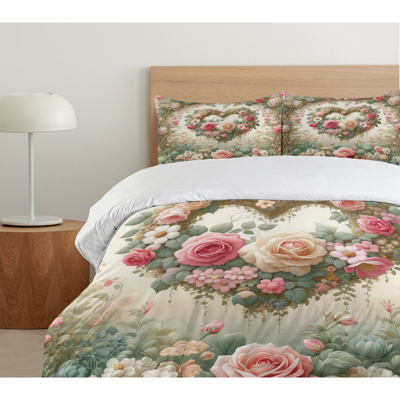 Floral Heart Duvet Cover, California King Duvet Cover + 2 Standard Shams