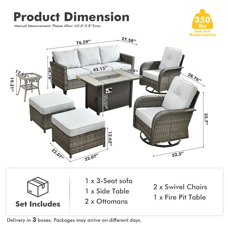Ensemble de conversation d'extérieur 7 personnes avec chaises berçantes et pivotantes Jordanlee, Gris