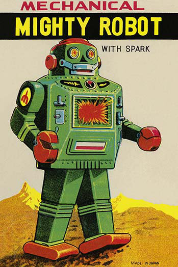 « mecanique mighty robot », affiche rétro, H 42 po x l 28 po, Vert / jaune / orange