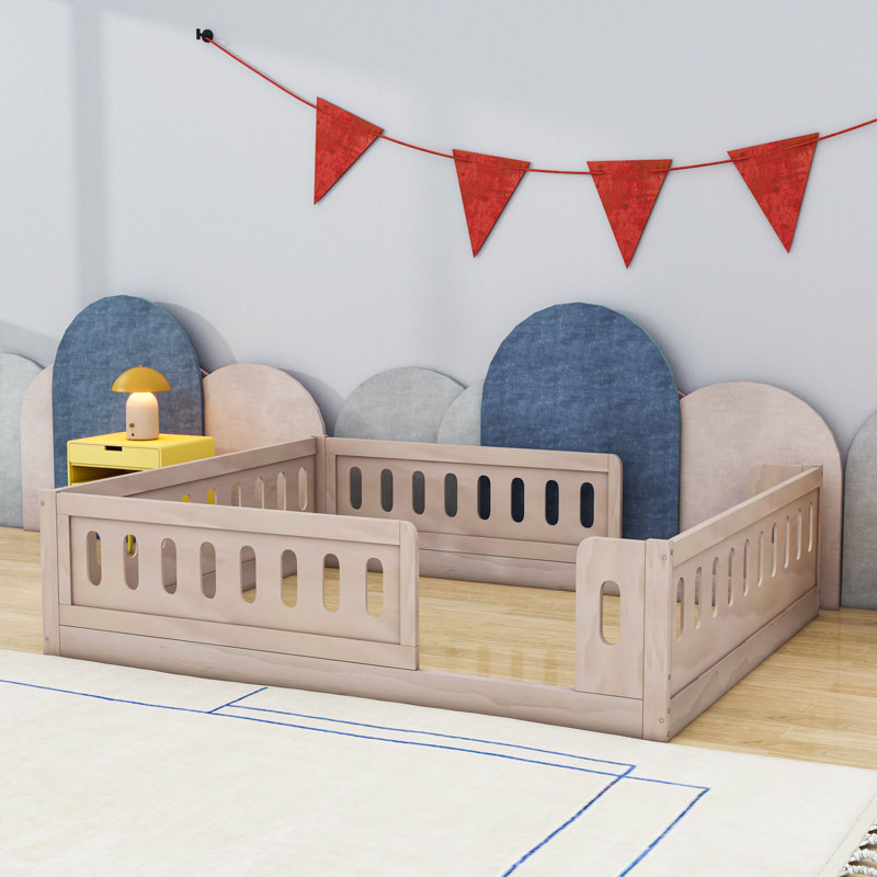 Full Wooden Platform Bed With Semi-Enclosed Fence, Natural
