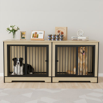 Mobilier pour cage de chien avec deux pièces combinées, très grand meuble double cage pour chien avec plateau pour chiens de taille moyenne et grande,