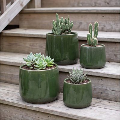 Ensemble de 4 pots à fleurs en céramique émaillée faits à la main (14, 11, 9, 7 pouces) - Vert antique, argile respirante avec trous de drainage, pour plantes grasses, cactus, intérieur et extérieur