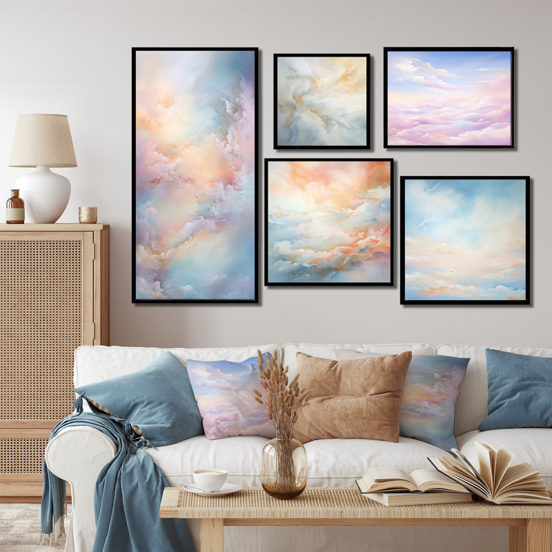«Clouds Charm», art mural sur toile, ensemble de 5, Cadre flottant noir
