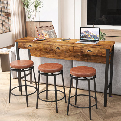 3-Drawer Long Dining Table Set With Power Outlets And Circular PU Stools, Ideal For Modern Kitchens And Enjoyable Dining Experiences