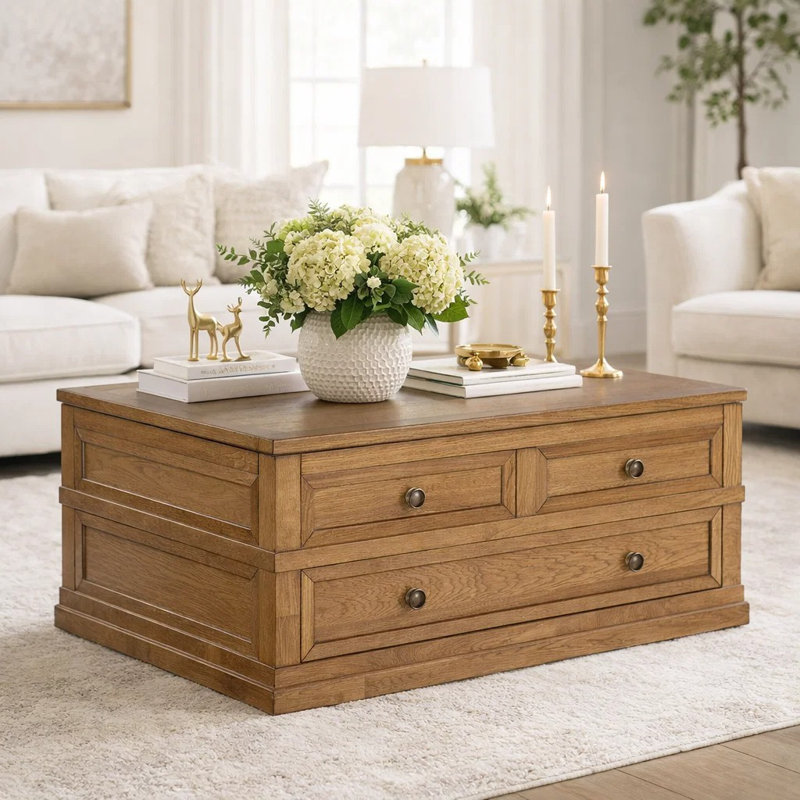 Table basse Dory, plateau relevable rectangulaire de 42 pouces, 1 tiroir, brun clair