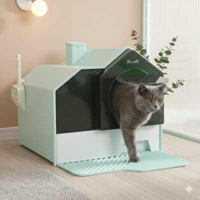 Hooded litter containment unit including a matching mat for capturing scattered granules. Features odor control properties, a pull-out drawer for simple cleaning, a carrying handle, and a waste scoop. Finished in light blue.
