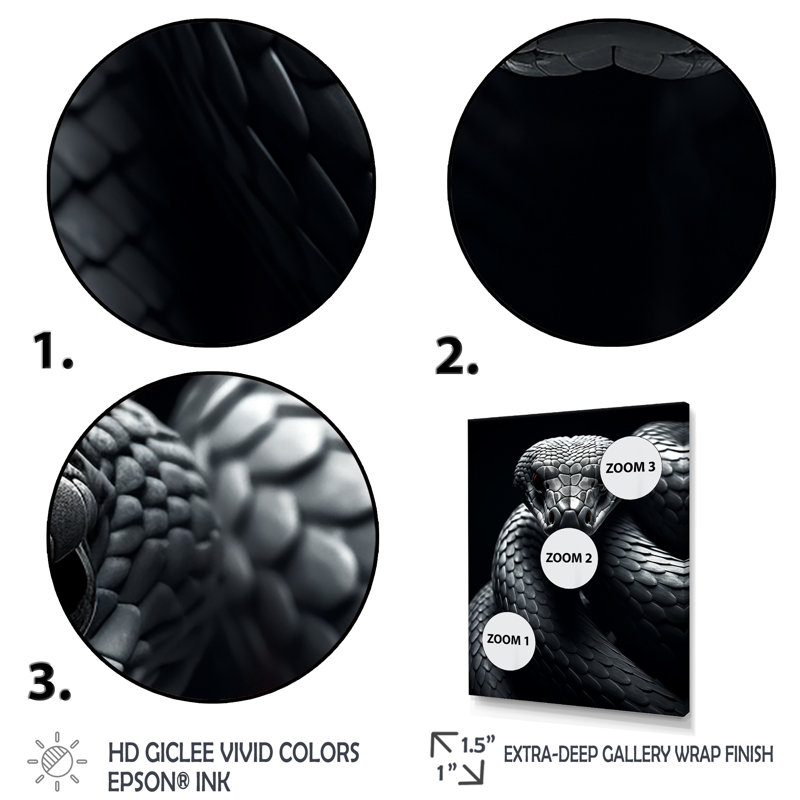 Hozaifa Black Snake Slithering Grace, reproduction d'art sur toile, Cadre photo noir, H 44 po x l 34 po x P 1,5 po