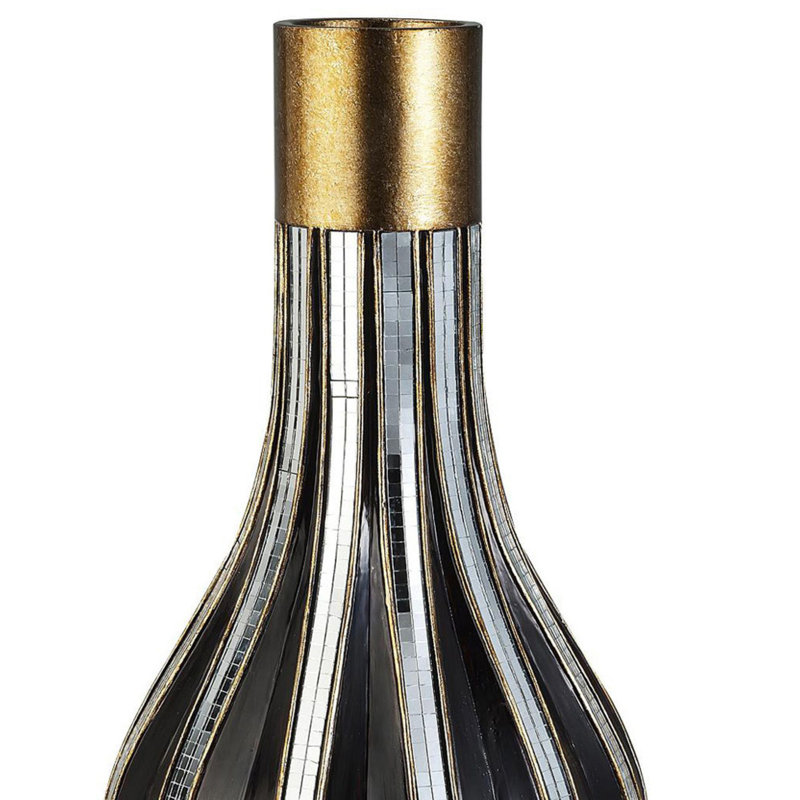 Tall Black and Gold Decorative Vase with Mosaic Glass Stripes