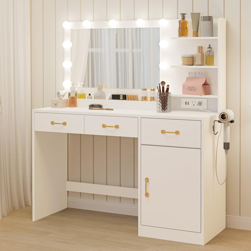 Coiffeuse avec miroir lumineux et station de recharge, table de maquillage de 99 cm (39 pouces) avec 3 tiroirs, rangement et support pour sèche-cheveux, blanche, tabouret non inclus