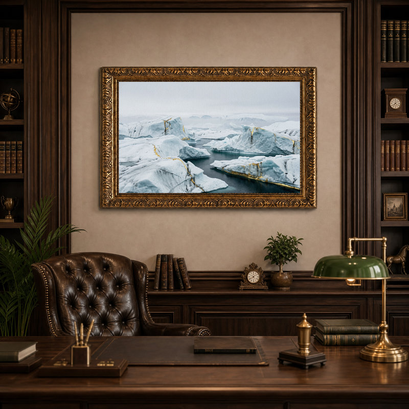 Icebergs glaciaires aux veines dorées dans une eau sombre - Tableau sur toile, 16"H x 24"W